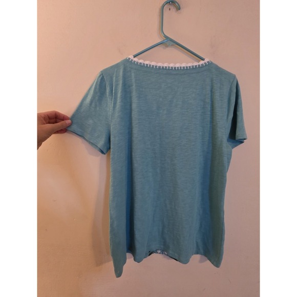 Talbots Women's Sz Large Teal V-Neck Embroidered Palm Frond Cotton T-Shirt Boho - Picture 1 of 8